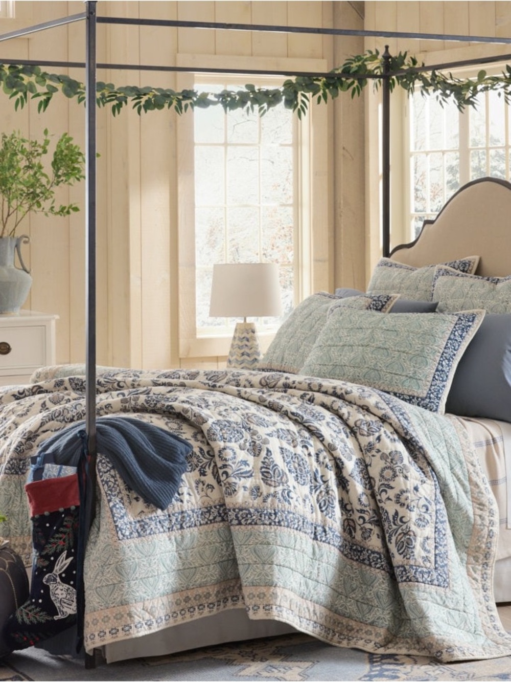Garnet Hill Ada Paisley King Quilt and Shams Cream Floral Quilted Blue Botanical